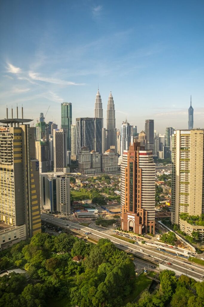 pexels-photo-12937477 A breathtaking aerial view of Kuala Lumpur's skyline featuring the iconic Petronas Towers.