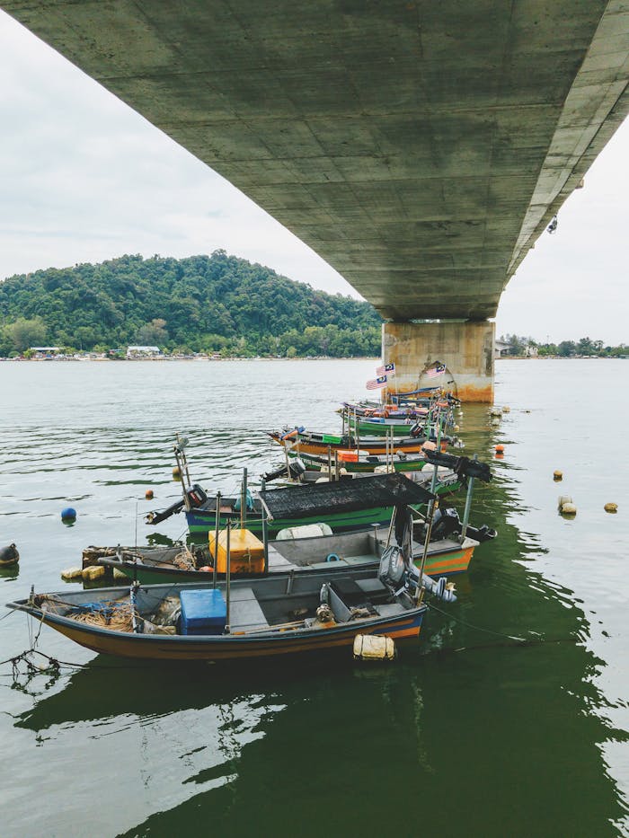 A serene scene of moored boats beneath a bridge in Kuala Dungun, Malaysia, with lush hills in the background.